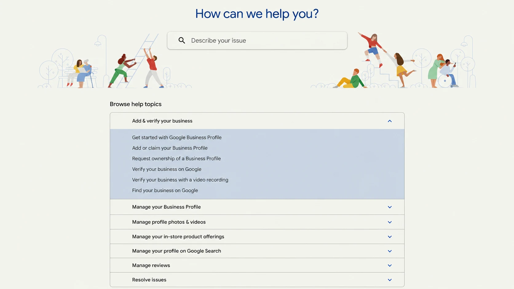 Google Business Profile Help page used to start a support request.