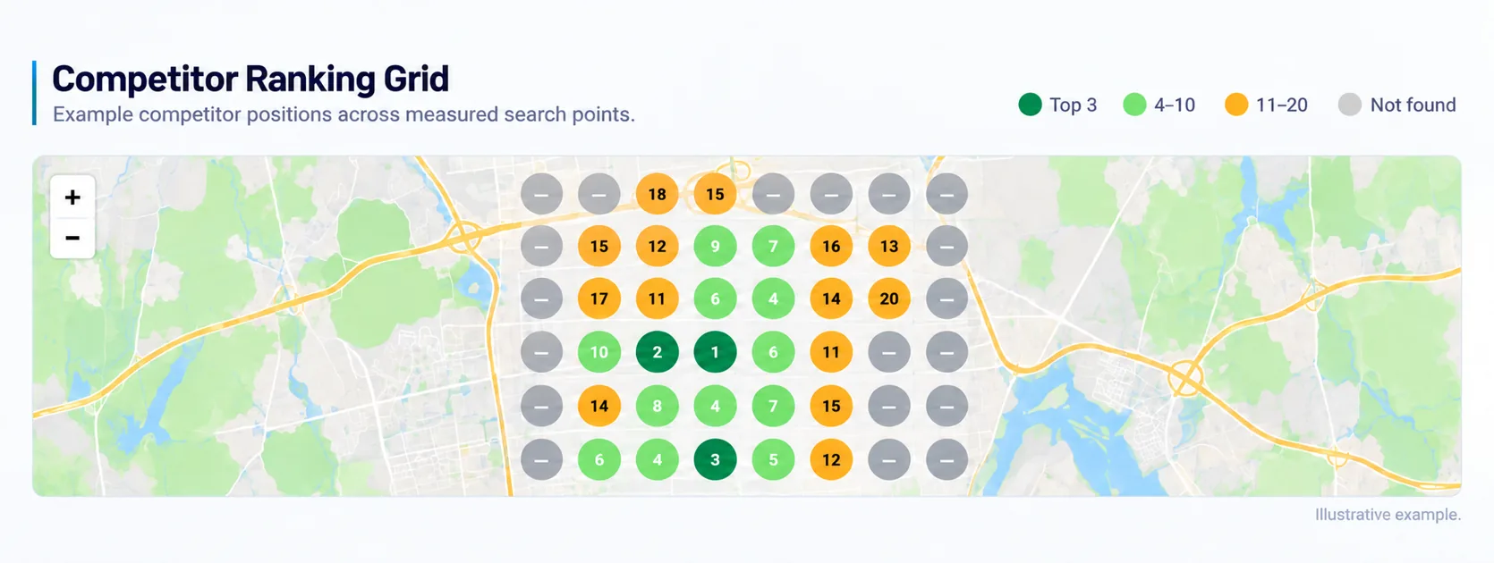 Illustrative local ranking grid showing geographic differences in search visibility.