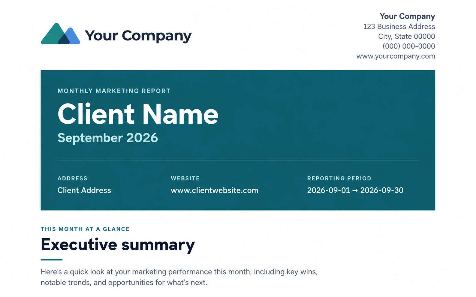 Illustrative monthly marketing report cover with company branding, client details and a reporting period