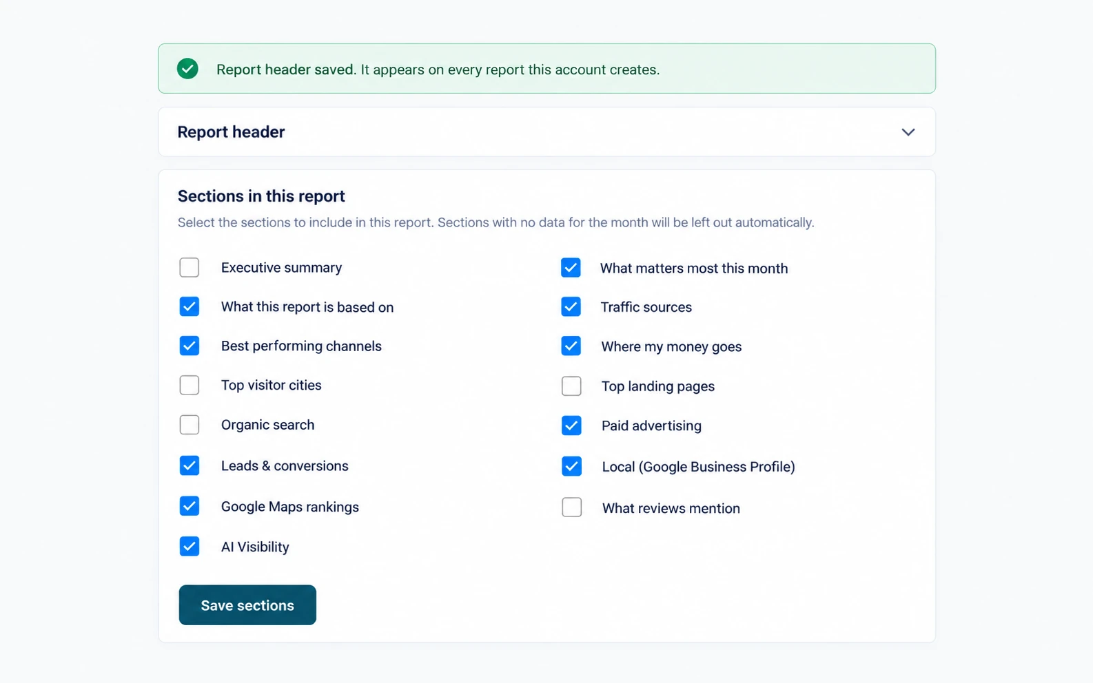 Illustrative report section picker with selected and unselected marketing sections