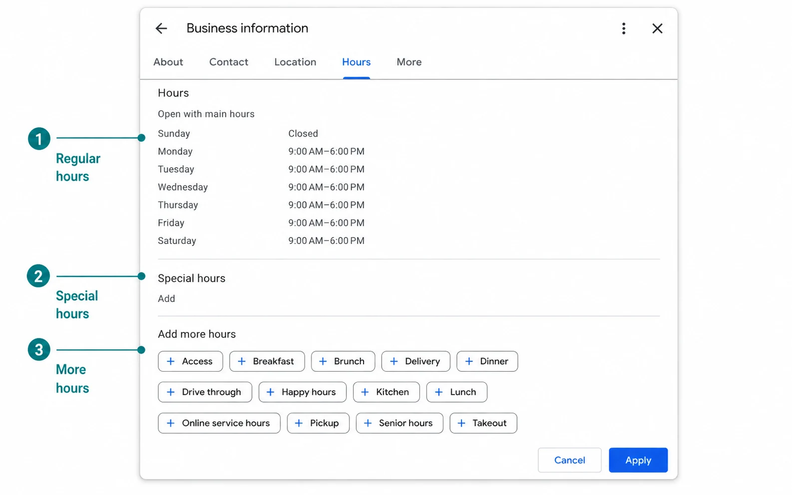 Google Business Profile editor showing regular, special, and additional hours settings.