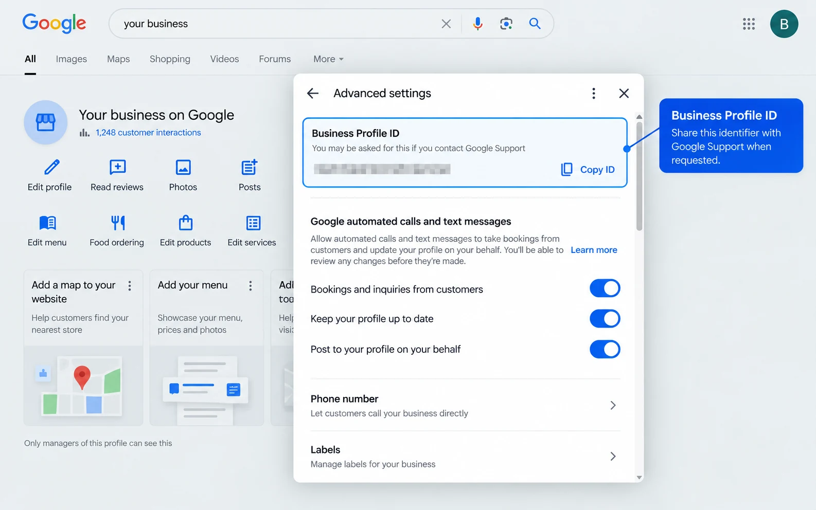 Google Business Profile Advanced settings showing where to find the Business Profile ID.