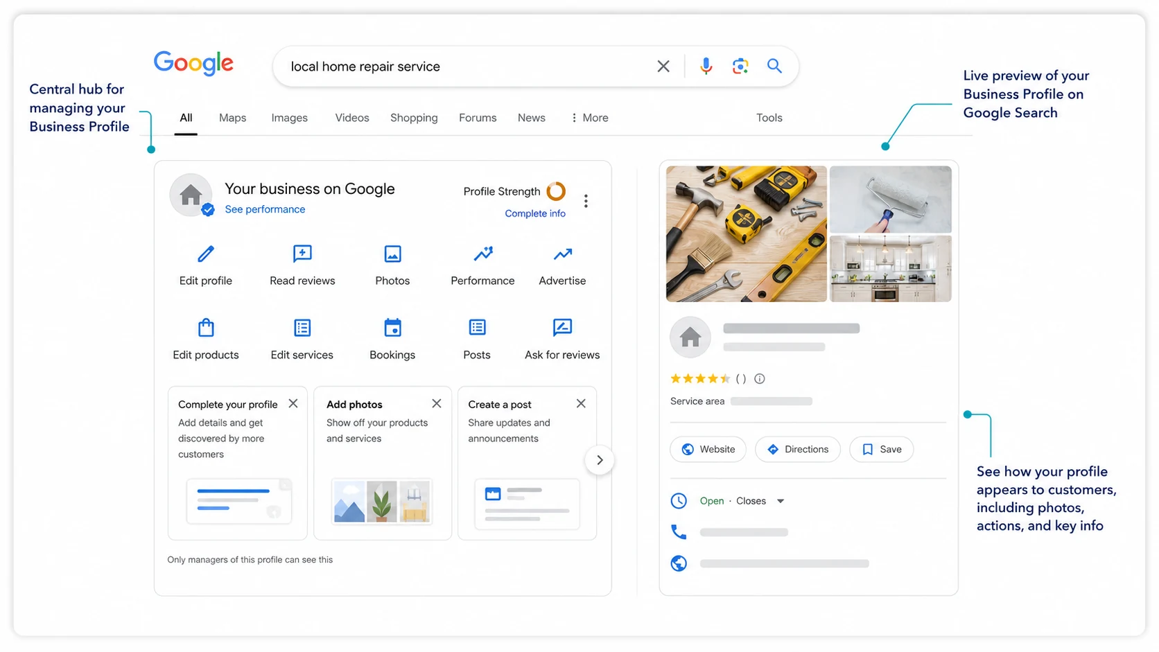 Google Business Profile management view showing the main profile editing controls.