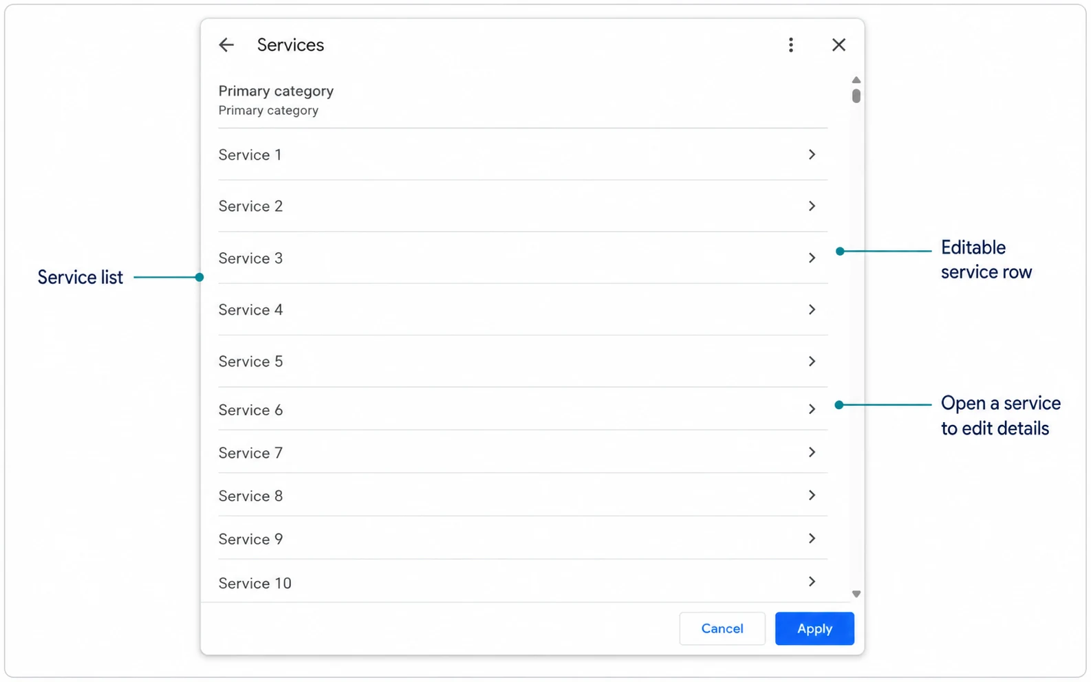 Google Business Profile Services editor showing service names and editable service details.