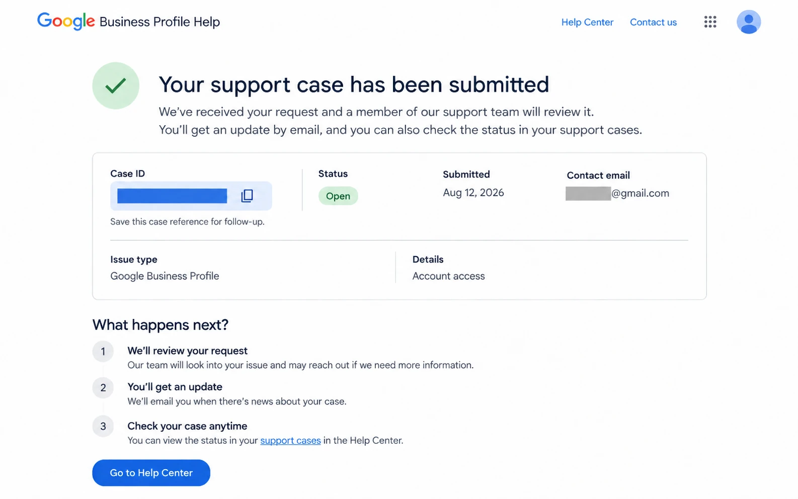 Google Business Profile support confirmation showing where a support case reference is provided.