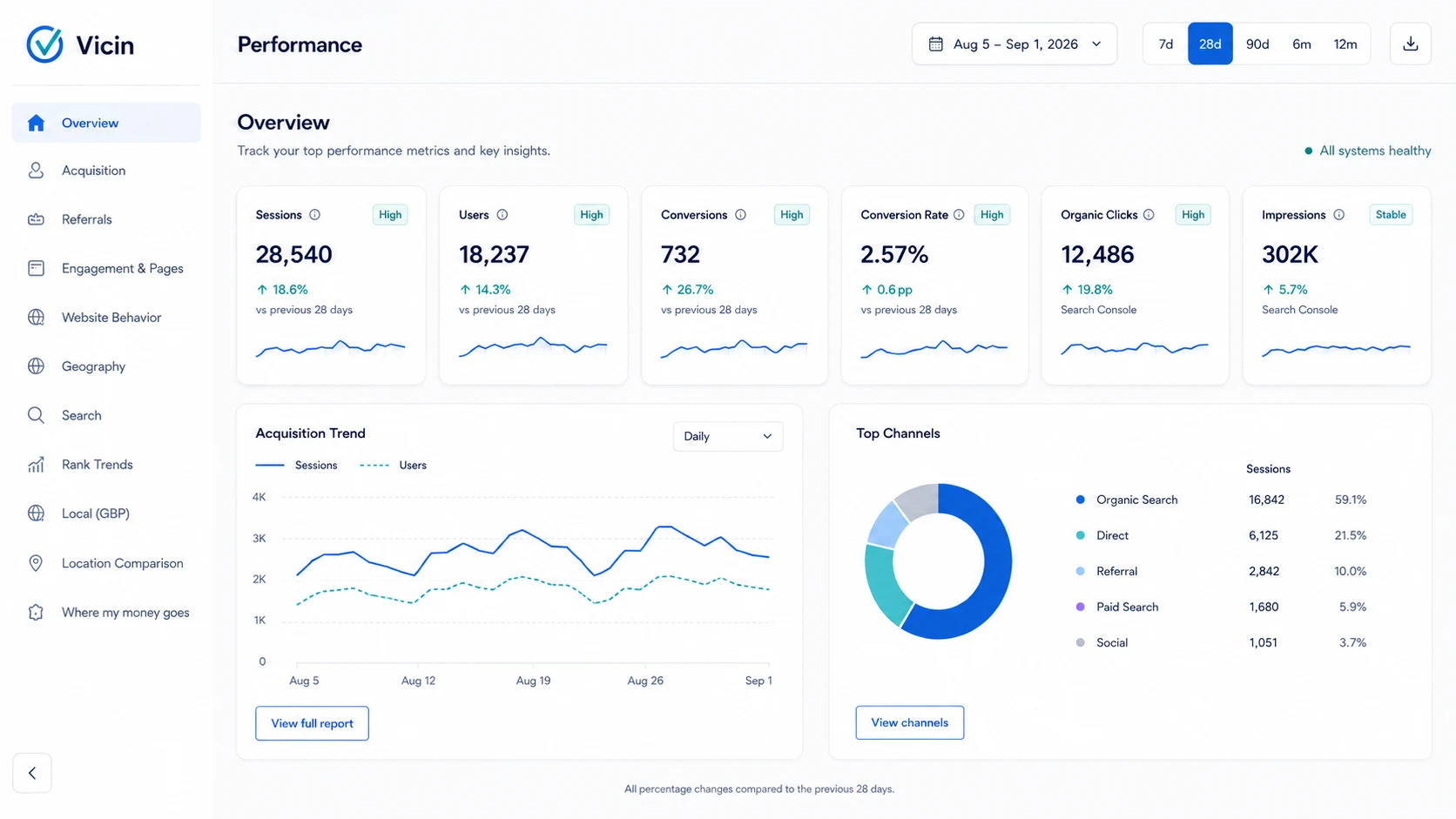 Vicin Performance Overview showing website sessions, users, conversions, organic clicks, search impressions, acquisition trends, and top channels