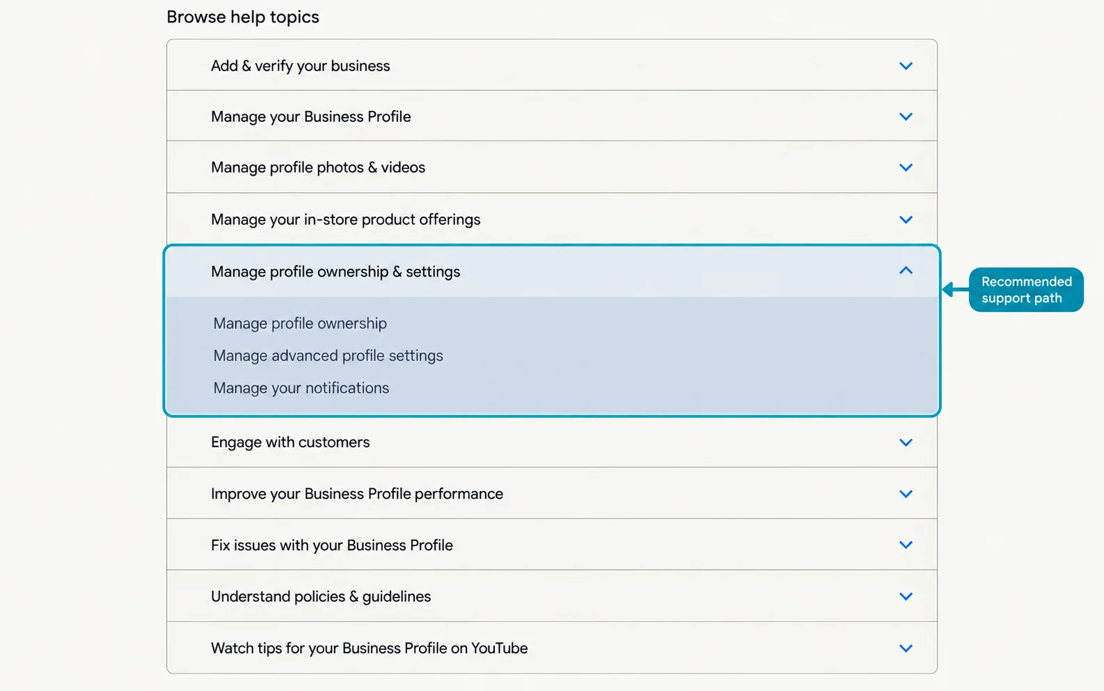 Google Business Profile support workflow showing recommended help options for a reported issue.