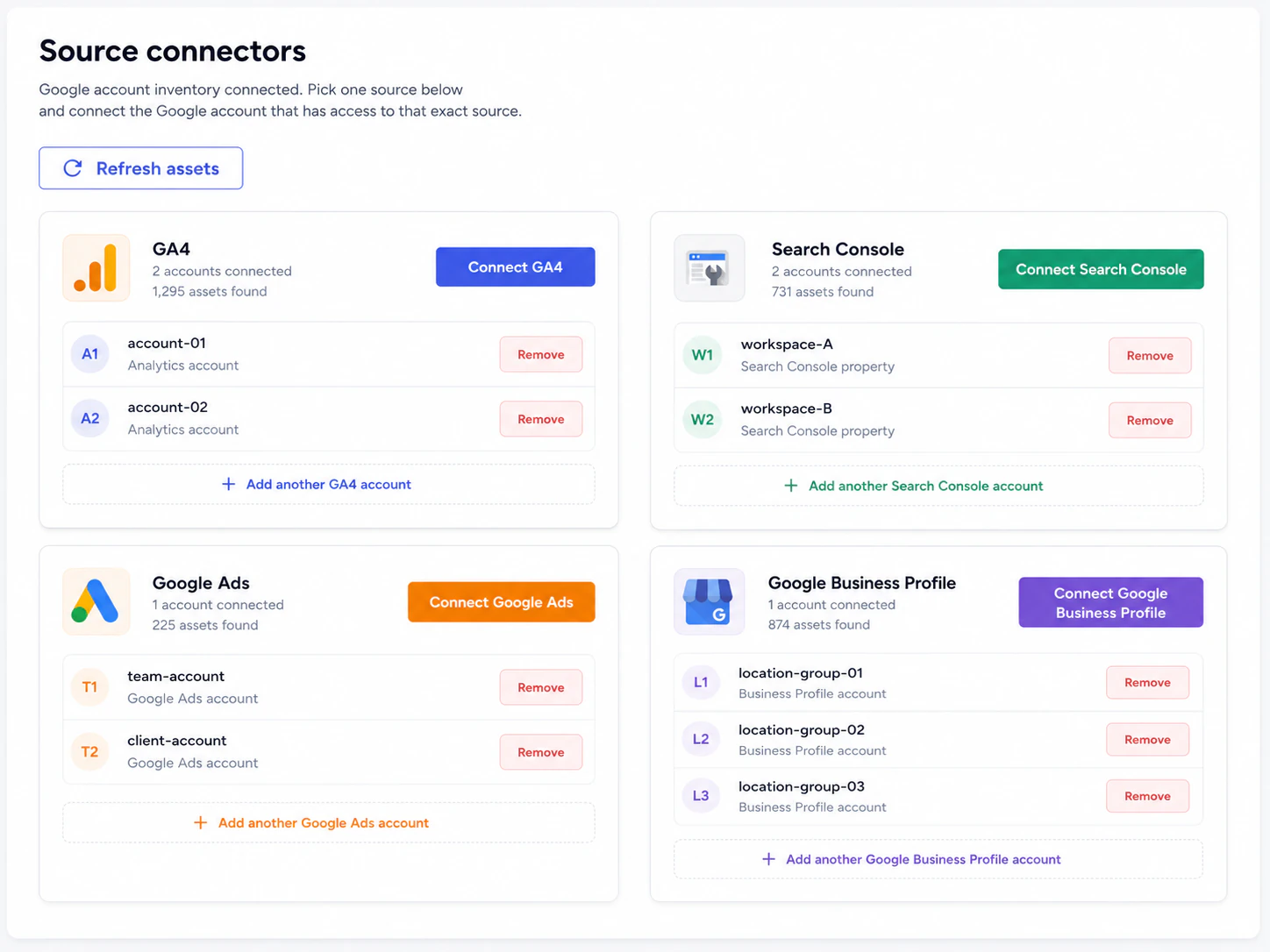 Vicin source connectors for Google Analytics 4, Google Search Console, Google Ads, and Google Business Profile